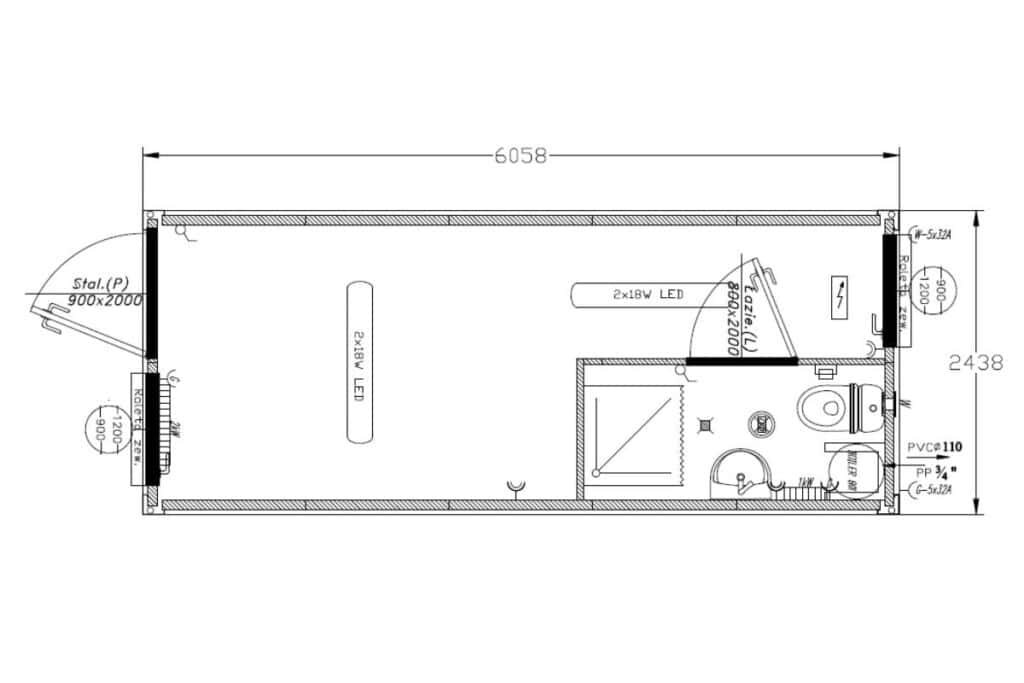 Kontener biurowy z łazienka i WCC i ubikacją rysunek w wymiarami